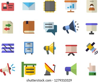 Color flat icon set satellite antenna flat vector, signboard, flipchart, mouthpiece, chat, chart, badge, paper tray, archive, mail, satellit, cpu, textbook, indentity card fector, file sharing