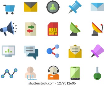 Color flat icon set satellite antenna flat vector, SIM card, grocery trolley, target audience, telephone operator, scatter chart, mouthpiece, chat, diagnostics, computer, mail, share, file sharing