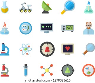 Color flat icon set satellite antenna flat vector, magnifier, target audience, computer diagnostics of health, microscope, medical analysis, molecule, atom, gas burner, oscilloscope, scientist