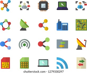 Color flat icon set satellite antenna flat vector, motherboard, SIM card, molecules, recruitment, telephone, laptop, electronic circuit, share, broadcast, file sharing
