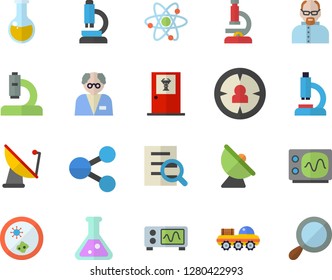 Color flat icon set satellite antenna flat vector, target audience, molecules, microscope, medical analysis, magnifier, flask, atom, oscilloscope, scientist, lunar rover, Petri dish