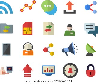 Color flat icon set satellite antenna flat vector, SIM card, target audience, telephone operator, scatter chart, mouthpiece, chat, diagnostics, computer, share, broadcast, upload, file sharing, lock