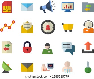 Color flat icon set satellite antenna flat vector, SIM card, grocery trolley, target audience, telephone operator, scatter chart, mouthpiece, chat, diagnostics, computer, mail, upload, file sharing