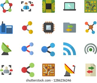 Color flat icon set satellite antenna flat vector, motherboard, molecules, recruitment, telephone, laptop, electronic circuit, share, broadcast, file sharing