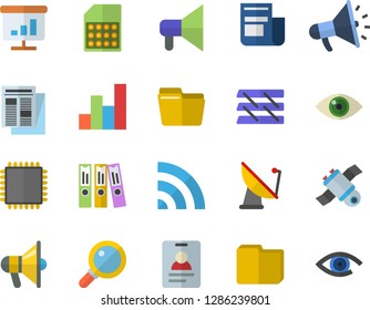 Color flat icon set satellite antenna flat vector, SIM card, news, mouthpiece, chart, computer file, folder, paper tray, satellit, cpu, broadcast, badge, magnifier, eye