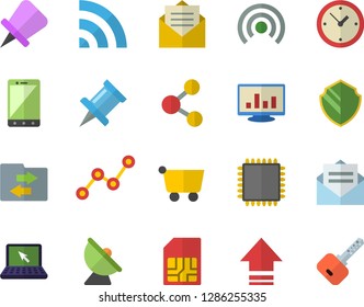 Color flat icon set satellite antenna flat vector, SIM card, grocery trolley, scatter chart, computer, laptop, cpu, security fector, share, broadcast, upload, file sharing, drawing pin, message, key