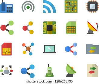 Color flat icon set satellite antenna flat vector, motherboard, SIM card, molecules, recruitment, telephone, laptop, electronic circuit, share, broadcast, file sharing
