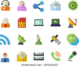 Color flat icon set satellite antenna flat vector, SIM card, person, cogwheel, molecules, telephone operator, phone call, chat, paper tray, laptop, satellit, broadcast, message, microphone