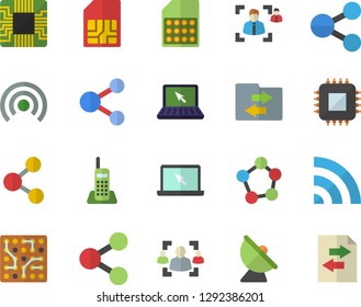 Color flat icon set satellite antenna flat vector, motherboard, SIM card, molecules, recruitment, telephone, laptop, electronic circuit, share, broadcast, file sharing