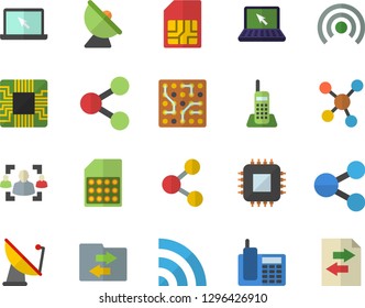 Color flat icon set satellite antenna flat vector, motherboard, SIM card, molecules, recruitment, telephone, laptop, electronic circuit, share, broadcast, file sharing