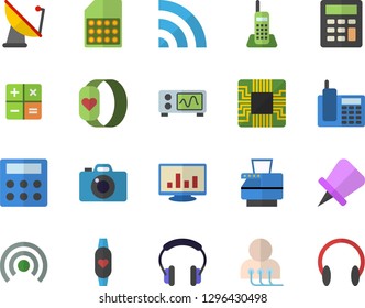 Color flat icon set satellite antenna flat vector, motherboard, SIM card, calculator, diagnostics, computer chart, telephone, copy machine, oscilloscope, fitness bracelet, broadcast, drawing pin