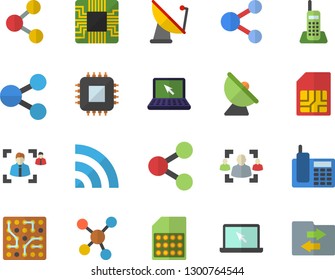Color flat icon set satellite antenna flat vector, motherboard, SIM card, molecules, recruitment, telephone, laptop, electronic circuit, share, broadcast, file sharing