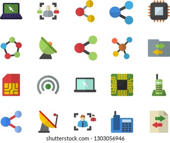 Color flat icon set satellite antenna flat vector, motherboard, SIM card, molecules, recruitment, telephone, laptop, share, broadcast, file sharing