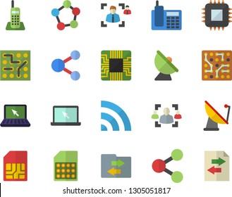 Color flat icon set satellite antenna flat vector, motherboard, SIM card, molecules, recruitment, telephone, laptop, electronic circuit, share, broadcast, file sharing