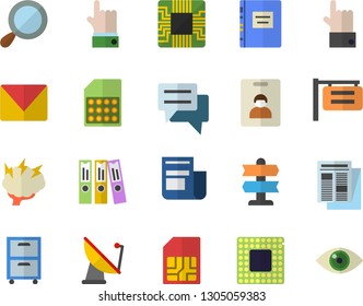 Color flat icon set satellite antenna flat vector, motherboard, SIM card, signboard, news, chat, folder, archive, mail, cpu, textbook, brainstorm, indentity fector, pointer, magnifier, indicate, eye