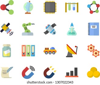 Color flat icon set satellite antenna flat vector, magnet, molecules, medical analysis, satellit, gas burner, globe, hostory roll, cpu, notebook, cogwheel, beakers, industrial robot, lunar rover