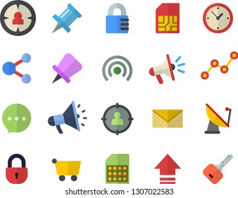 Color flat icon set satellite antenna flat vector, SIM card, grocery trolley, target audience, scatter chart, mouthpiece, share, broadcast, upload, drawing pin, envelope, clock, lock, chat, key