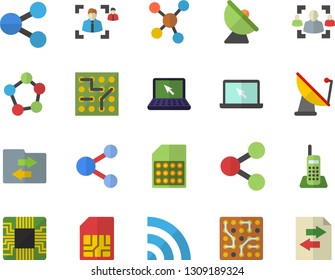 Color flat icon set satellite antenna flat vector, motherboard, SIM card, molecules, recruitment, telephone, laptop, electronic circuit, share, broadcast, file sharing