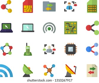 Color flat icon set satellite antenna flat vector, motherboard, SIM card, molecules, recruitment, telephone, laptop, electronic circuit, share, broadcast, file sharing