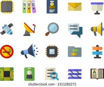Color flat icon set satellite antenna flat vector, motherboard, flipchart, mouthpiece, chat, badge, magnifier, folder, paper tray, satellit, cpu, pointer fector, no smoking, pass, file sharing, book