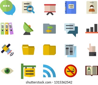 Color flat icon set satellite antenna flat vector, signboard, flipchart, news, chat, computer file, magnifier, folder, satellit, textbook, chart, indentity card fector, no smoking, broadcast, eye