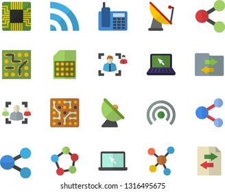 Color flat icon set satellite antenna flat vector, motherboard, SIM card, molecules, recruitment, telephone, laptop, electronic circuit, share, broadcast, file sharing