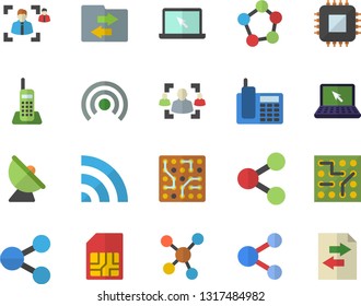 Color flat icon set satellite antenna flat vector, motherboard, SIM card, molecules, recruitment, telephone, laptop, electronic circuit, share, broadcast, file sharing