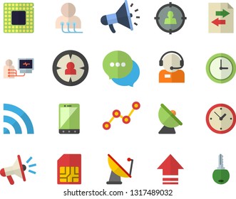 Color flat icon set satellite antenna flat vector, SIM card, target audience, telephone operator, scatter chart, mouthpiece, chat, diagnostics, cpu, broadcast, upload, file sharing, mobile, clock