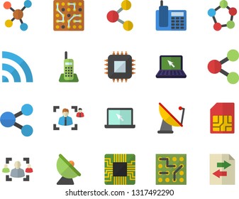 Color flat icon set satellite antenna flat vector, motherboard, SIM card, molecules, recruitment, telephone, laptop, electronic circuit, share, broadcast, file sharing