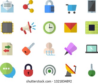 Color flat icon set satellite antenna flat vector, grocery trolley, mouthpiece, chat, diagnostics, laptop, mail, cpu, share, broadcast, file sharing, drawing pin, message, mobile, clock, lock, key