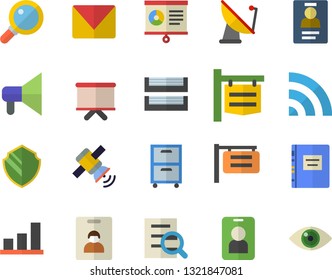 Color flat icon set satellite antenna flat vector, signboard, flipchart, chart, badge, magnifier, paper tray, archive, mail, satellit, textbook, indentity card fector, security, pass, broadcast, eye