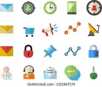 Color flat icon set satellite antenna flat vector, grocery trolley, target audience, telephone operator, scatter chart, mouthpiece, chat, diagnostics, mail, drawing pin, message, envelope, mobile
