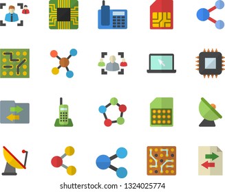 Color flat icon set satellite antenna flat vector, motherboard, SIM card, molecules, recruitment, telephone, laptop, electronic circuit, share, file sharing