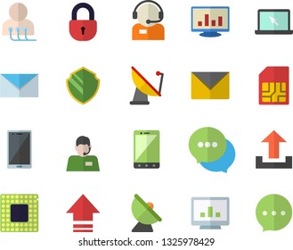 Color flat icon set satellite antenna flat vector, SIM card, telephone operator, chat, diagnostics, computer chart, laptop, mail, cpu, security fector, upload, envelope, mobile, lock