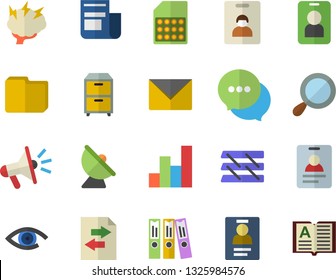 Color flat icon set satellite antenna flat vector, SIM card, news, mouthpiece, chat, computer file, badge, folder, paper tray, archive, chart, brainstorm, indentity fector, pass, sharing, magnifier