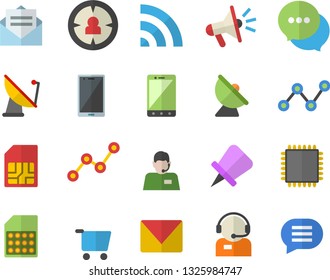 Color flat icon set satellite antenna flat vector, SIM card, grocery trolley, target audience, telephone operator, scatter chart, mouthpiece, chat, mail, cpu, broadcast, drawing pin, message, mobile