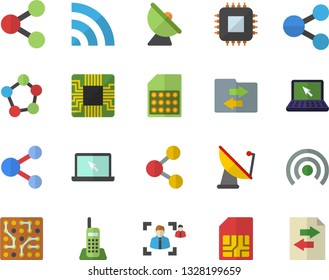 Color flat icon set satellite antenna flat vector, motherboard, SIM card, molecules, recruitment, telephone, laptop, electronic circuit, share, broadcast, file sharing