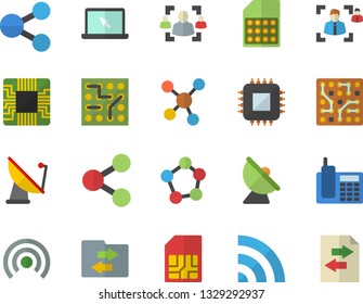 Color flat icon set satellite antenna flat vector, motherboard, SIM card, molecules, recruitment, telephone, laptop, electronic circuit, broadcast, file sharing