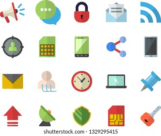 Color flat icon set satellite antenna flat vector, SIM card, target audience, mouthpiece, chat, diagnostics, laptop, security fector, share, broadcast, upload, drawing pin, message, envelope, mobile
