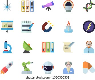 Color flat icon set satellite antenna flat vector, laser, magnet, rocket, microscope, tomograph, notepad, gas burner, hostory roll, lightning, scientist, presentaition board, industrial robot, dna