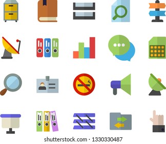 Color flat icon set satellite antenna flat vector, SIM card, flipchart, chat, magnifier, folder, paper tray, archive, chart, textbook, pointer fector, no smoking, file sharing, badge, mouthpiece