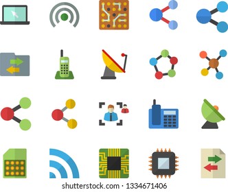 Color flat icon set satellite antenna flat vector, motherboard, SIM card, molecules, recruitment, telephone, laptop, electronic circuit, share, broadcast, file sharing