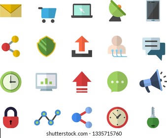 Color flat icon set satellite antenna flat vector, grocery trolley, scatter chart, mouthpiece, chat, diagnostics, computer, laptop, security fector, share, upload, envelope, mobile, clock, lock, key