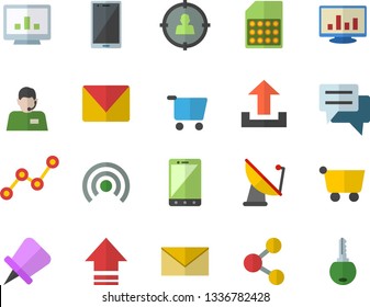 Color flat icon set satellite antenna flat vector, SIM card, grocery trolley, target audience, telephone operator, scatter chart, chat, computer, mail, share, broadcast, upload, drawing pin, mobile