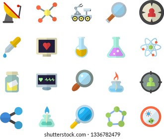 Color flat icon set satellite antenna flat vector, magnifier, target audience, molecules, pipette, computer diagnostics of health, medical analysis, flask, molecule, atom, gas burner, lunar rover