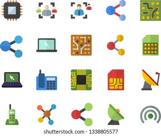 Color flat icon set satellite antenna flat vector, motherboard, SIM card, molecules, recruitment, telephone, laptop, electronic circuit, share, broadcast