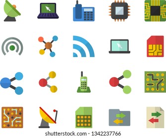 Color flat icon set satellite antenna flat vector, motherboard, SIM card, molecules, telephone, laptop, electronic circuit, share, broadcast, file sharing
