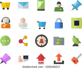 Color flat icon set satellite antenna flat vector, grocery trolley, target audience, telephone operator, diagnostics, mail, cpu, share, upload, file sharing, drawing pin, mobile, lock, chat, key