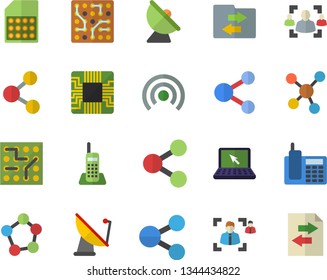 Color flat icon set satellite antenna flat vector, motherboard, SIM card, molecules, recruitment, telephone, laptop, electronic circuit, share, broadcast, file sharing