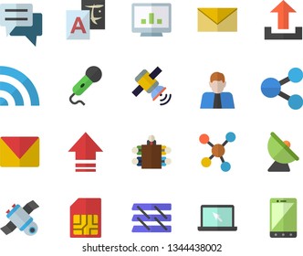 Color flat icon set satellite antenna flat vector, SIM card, person, molecules, chat, computer chart, meeting, paper tray, laptop, mail, satellit, broadcast, upload, translate, envelope, microphone
